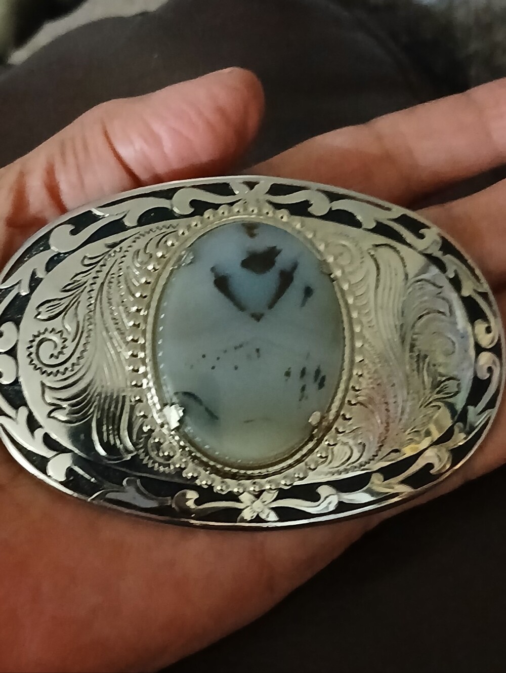 VTG Western Oval Belt Buckle Natural Picture Jasper Stone Silver Tone Scroll